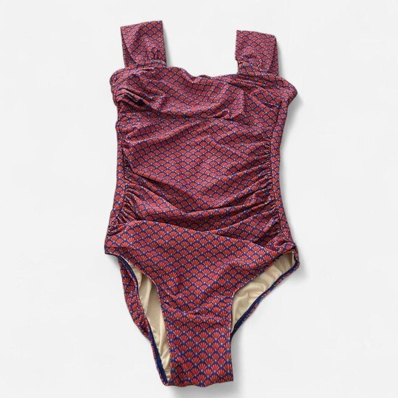 Albion square neck retro geometrical micro print ruched side modest cut swimsuit - Picture 2 of 6